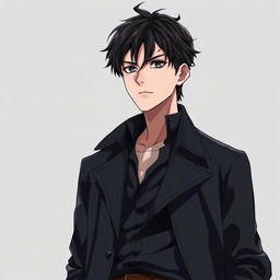 A full-body illustration of a 25-year-old man in a realistic anime style, captured from a distance to show his entire figure