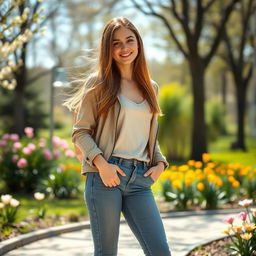 A 19-year-old European woman, dressed in stylish modern clothing, with long flowing hair and a radiant smile, standing in an outdoor park during springtime, surrounded by blooming flowers and greenery