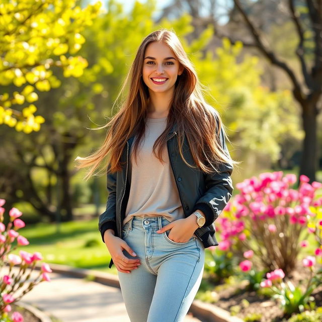 A 19-year-old European woman, dressed in stylish modern clothing, with long flowing hair and a radiant smile, standing in an outdoor park during springtime, surrounded by blooming flowers and greenery