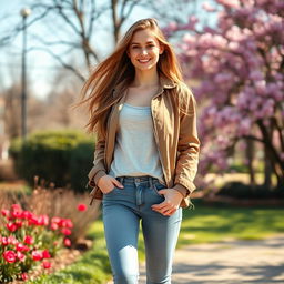 A 19-year-old European woman, dressed in stylish modern clothing, with long flowing hair and a radiant smile, standing in an outdoor park during springtime, surrounded by blooming flowers and greenery
