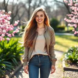A 19-year-old European woman, dressed in stylish modern clothing, with long flowing hair and a radiant smile, standing in an outdoor park during springtime, surrounded by blooming flowers and greenery