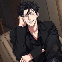 A realistic anime illustration of a 25-year-old man sitting in a chair, with one hand resting on his face, smiling, yet with a glint of intensity in his steel gray eyes