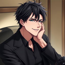 A realistic anime illustration of a 25-year-old man sitting in a chair, with one hand resting on his face, smiling, yet with a glint of intensity in his steel gray eyes