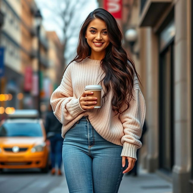 A 19-year-old girl with European features, plump physique, dressed in casual yet stylish clothing