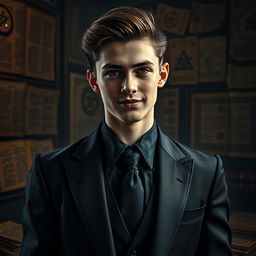 Eli Weffer, a young man of 16 years old, depicted as a mysterious and charismatic Illuminati member