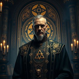 You as the Illuminati Grandmaster, exuding authority and mystery