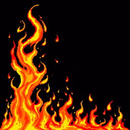 A stunning display of vibrant pixel art flames, swirling and flickering in an explosive burst of colors including bright reds, oranges, and yellows