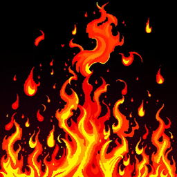 A stunning display of vibrant pixel art flames, swirling and flickering in an explosive burst of colors including bright reds, oranges, and yellows