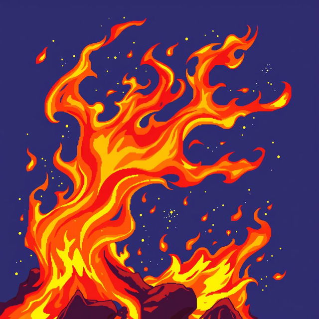 A dynamic, energetic scene featuring vibrant pixel art flames that swirl and dance with intensity