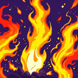 A dynamic, energetic scene featuring vibrant pixel art flames that swirl and dance with intensity