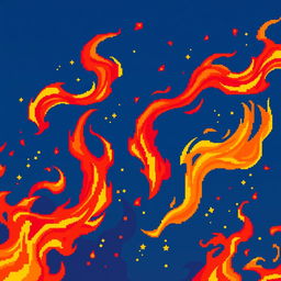 A dynamic, energetic scene featuring vibrant pixel art flames that swirl and dance with intensity