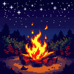 A vibrant and colorful pixel art scene depicting a warm and enchanting fire burning in a cozy setting
