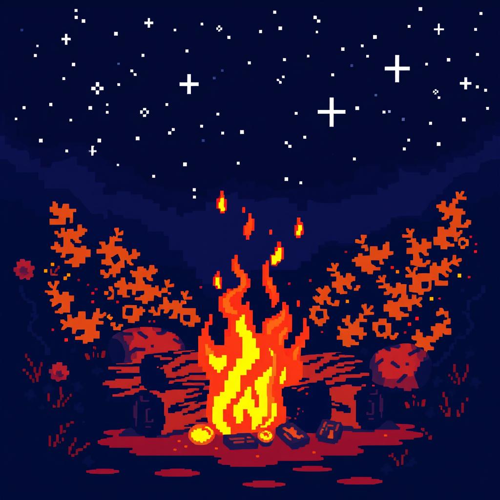 A vibrant and colorful pixel art scene depicting a warm and enchanting fire burning in a cozy setting
