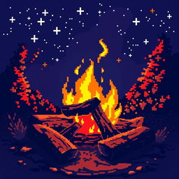 A vibrant and colorful pixel art scene depicting a warm and enchanting fire burning in a cozy setting
