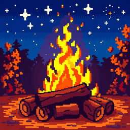 A vibrant and colorful pixel art scene depicting a warm and enchanting fire burning in a cozy setting
