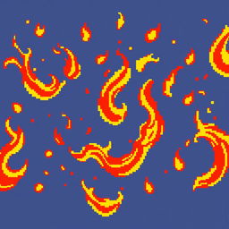 A vivid and dynamic pixel art representation of flames, showcasing a variety of vibrant colors such as bright oranges, yellows, and reds, as they dance and swirl