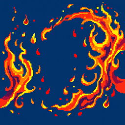 A vivid and dynamic pixel art representation of flames, showcasing a variety of vibrant colors such as bright oranges, yellows, and reds, as they dance and swirl