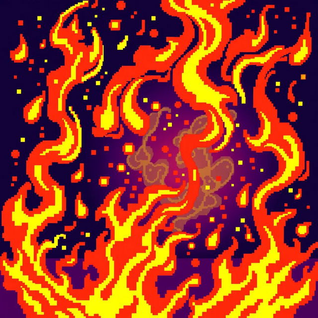 A vivid and dynamic pixel art representation of flames, showcasing a variety of vibrant colors such as bright oranges, yellows, and reds, as they dance and swirl