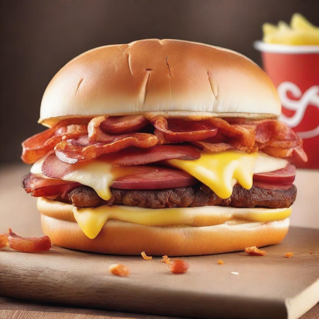 A mouthwatering image of a unique bacon burger hotdog, created as a fusion of a burger and hotdog, from Wendy's