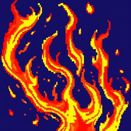 A vivid and dynamic pixel art representation of flames, showcasing a variety of vibrant colors such as bright oranges, yellows, and reds, as they dance and swirl