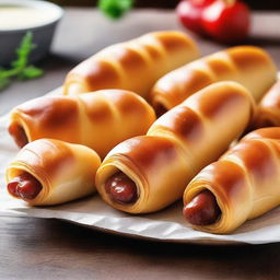 An appetizing image of pigs in a blanket - juicy sausages wrapped in fluffy, golden-brown pastry, fresh from the oven, inviting a warm, delicious bite