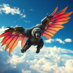A powerful cyborg gorilla, featuring metallic and mechanical elements integrated into its muscular body, soaring through the sky with expansive, vibrant wings resembling those of a mystical creature