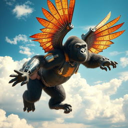 A powerful cyborg gorilla, featuring metallic and mechanical elements integrated into its muscular body, soaring through the sky with expansive, vibrant wings resembling those of a mystical creature