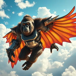 A powerful cyborg gorilla, featuring metallic and mechanical elements integrated into its muscular body, soaring through the sky with expansive, vibrant wings resembling those of a mystical creature