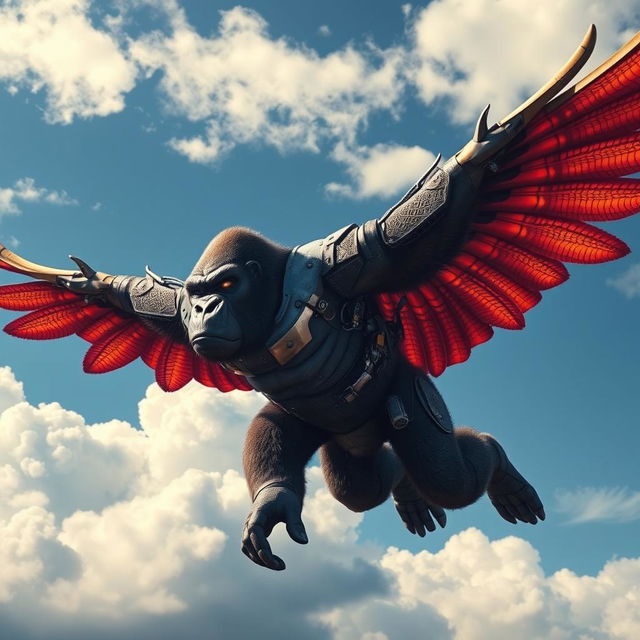 A powerful cyborg gorilla, featuring metallic and mechanical elements integrated into its muscular body, soaring through the sky with expansive, vibrant wings resembling those of a mystical creature