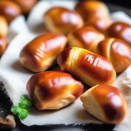 An appetizing image of pigs in a blanket - juicy sausages wrapped in fluffy, golden-brown pastry, fresh from the oven, inviting a warm, delicious bite