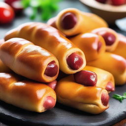 An appetizing image of pigs in a blanket - juicy sausages wrapped in fluffy, golden-brown pastry, fresh from the oven, inviting a warm, delicious bite