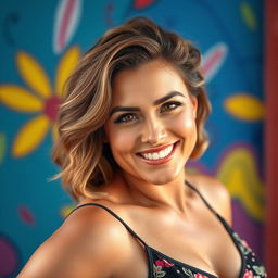 A breathtaking 37-year-old woman with a curvy figure, displaying a big smile that radiates warmth and joy