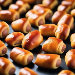 An appetizing image of pigs in a blanket - juicy sausages wrapped in fluffy, golden-brown pastry, fresh from the oven, inviting a warm, delicious bite