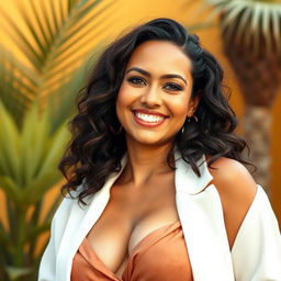A breathtaking, curvy 37-year-old Brazilian woman, radiating joy with a big smile
