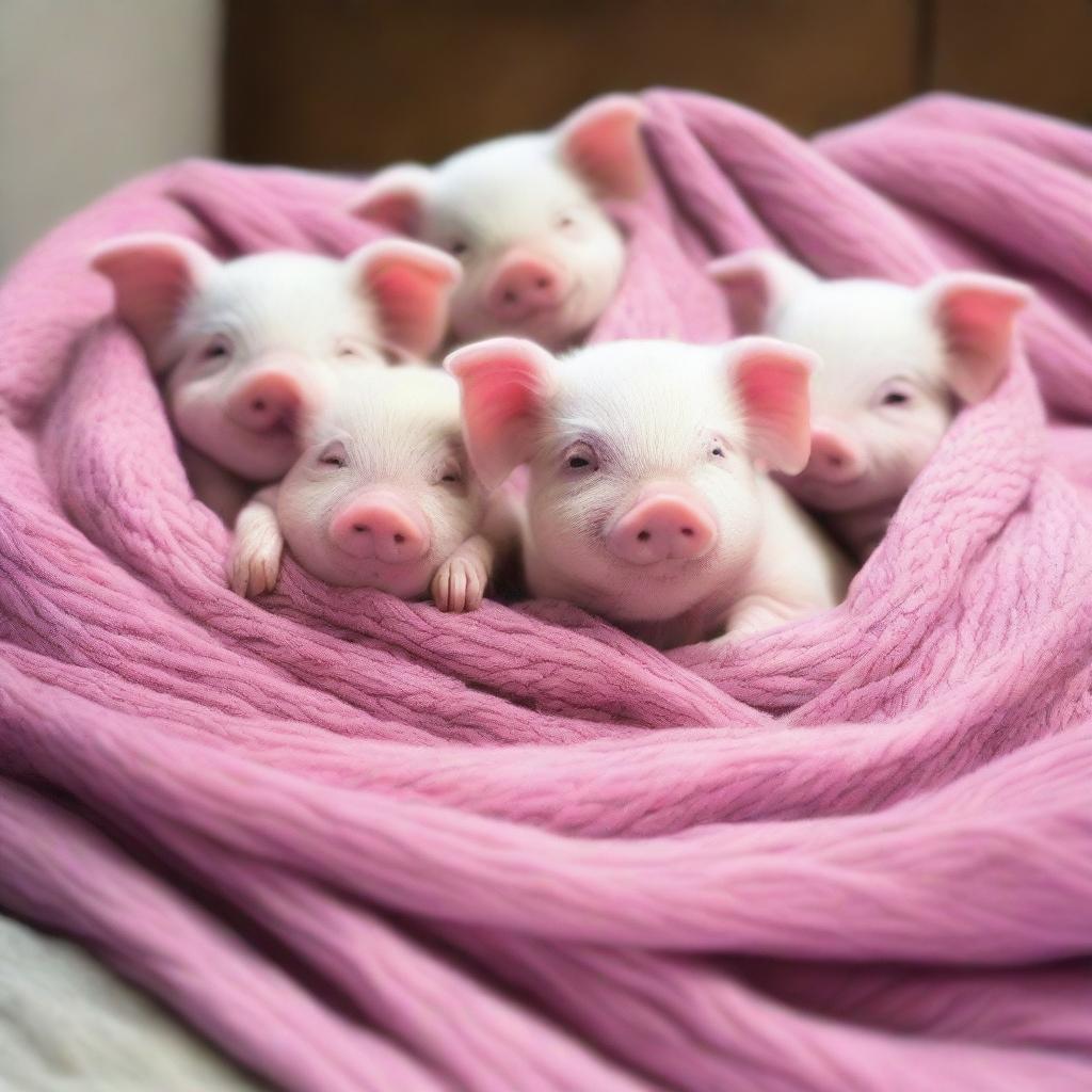 A heartwarming image of adorable real-life pigs bundled snuggly into cozy blankets, eliciting an overwhelming sense of cuteness