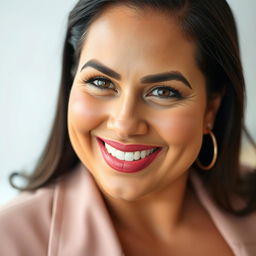 A breathtaking 35-year-old Brazilian woman with a curvy figure, wearing elegant clothes that enhance her style