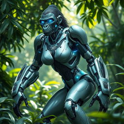 A female gorilla cyborg with a robust and sleek body, combining organic gorilla features with futuristic mechanical elements