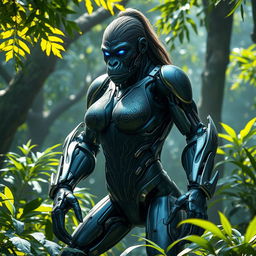 A female gorilla cyborg with a robust and sleek body, combining organic gorilla features with futuristic mechanical elements