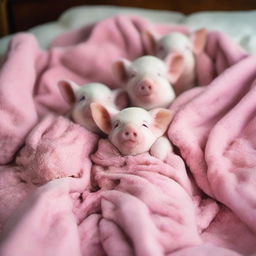 A heartwarming image of adorable real-life pigs bundled snuggly into cozy blankets, eliciting an overwhelming sense of cuteness