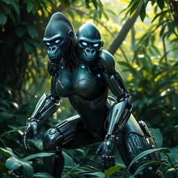 A female gorilla cyborg with a robust and sleek body, combining organic gorilla features with futuristic mechanical elements