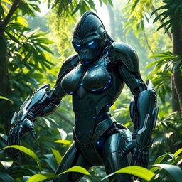 A female gorilla cyborg with a robust and sleek body, combining organic gorilla features with futuristic mechanical elements