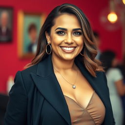 A breathtaking 35-year-old Brazilian woman with a curvy figure, wearing elegant clothes that enhance her stylish appearance