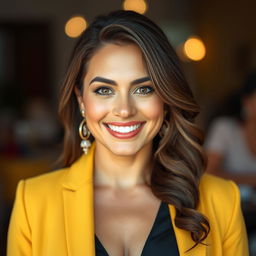 A breathtaking 35-year-old Brazilian woman with a curvy figure, wearing elegant clothes that enhance her stylish appearance