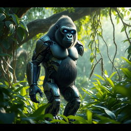 A futuristic cyborg gorilla standing in a dense jungle environment, with robotic enhancements visible on its arms and legs, showcasing advanced technology