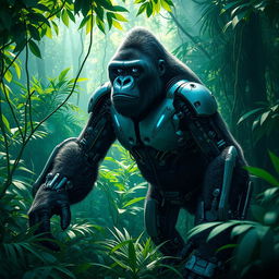 A futuristic cyborg gorilla standing in a dense jungle environment, with robotic enhancements visible on its arms and legs, showcasing advanced technology