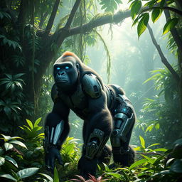 A futuristic cyborg gorilla standing in a dense jungle environment, with robotic enhancements visible on its arms and legs, showcasing advanced technology