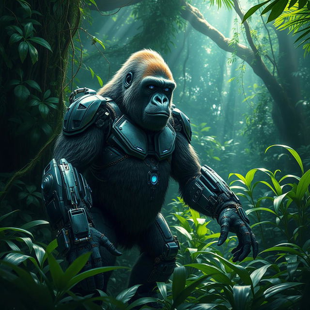 A futuristic cyborg gorilla standing in a dense jungle environment, with robotic enhancements visible on its arms and legs, showcasing advanced technology