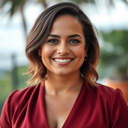 A breathtaking 35-year-old Brazilian woman with a curvy figure, dressed in elegant clothing that tastefully emphasizes her style while ensuring modesty