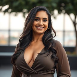 A breathtaking 35-year-old Brazilian woman with a curvy figure, dressed in elegant clothing that tastefully emphasizes her style while ensuring modesty