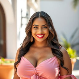 A breathtaking 35-year-old Brazilian woman with a curvy figure, dressed in elegant summer clothes that tastefully highlight her fashionable style while maintaining modesty